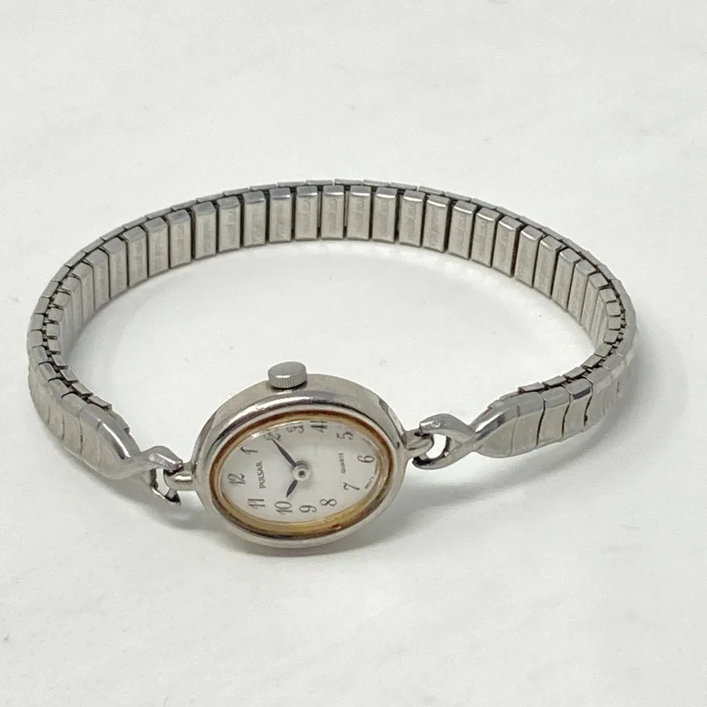 Vtg Pulsar Watch Women Silver Tone 16mm Oval Dial V810-5160 Stretch New Battery
